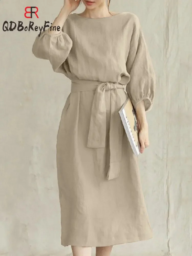 Robe d'été Femme en coton Line solide en lacet up décontracté surdimension o cou chic à manches longues robes midi pour femmes avec ceinture 2407