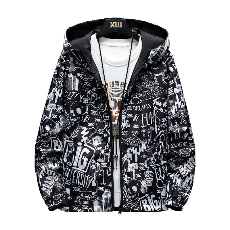 Strewear Graffiti Printed Fashion Reversible Jacket Men Thin Hooded Jackets Windbreakers Clothing Plus Size M-5XL 251201