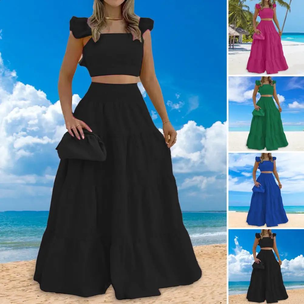 Sexy solide deux robes mode décontractée top lâche maxi robe 2 pièces ensembles de vacances et de ski 2024 240723