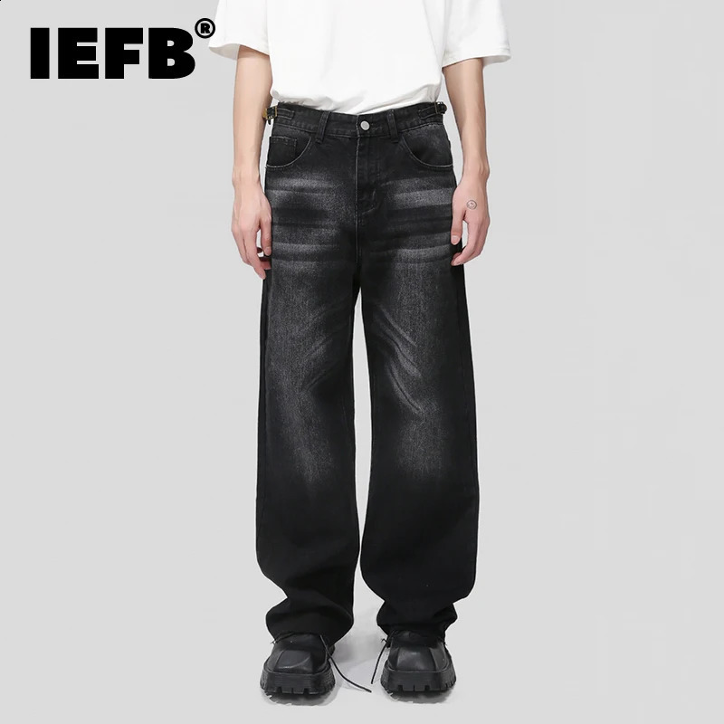 IEFB mens retro jeans fashionable washed with torn fabric hem loose straight leg denim pants autumn bag worn out Trouser 9A8628 240723