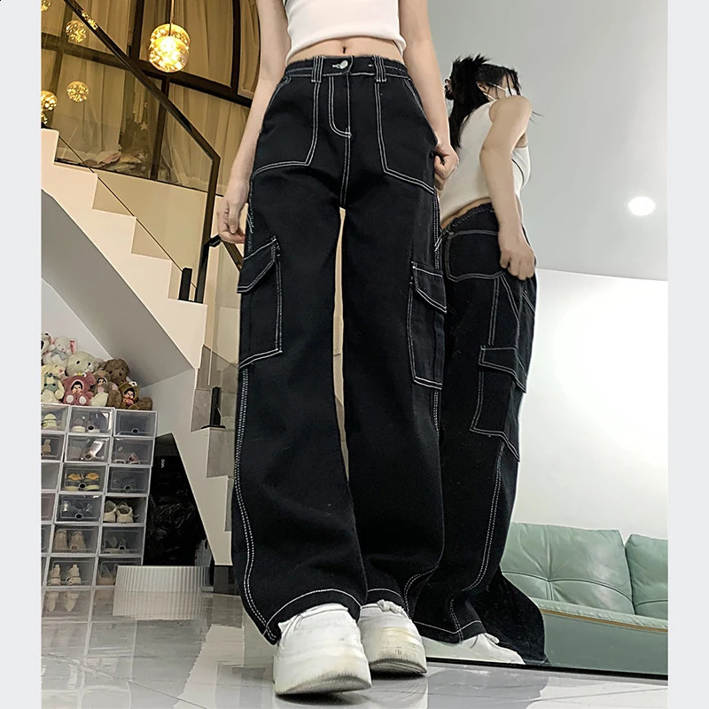 Jeans féminins femmes japonais hautes taies en jean droit de jambe droite Baggy Balle Lady Cool High Street Pantalon Fashion Black Wide Jam Le pa