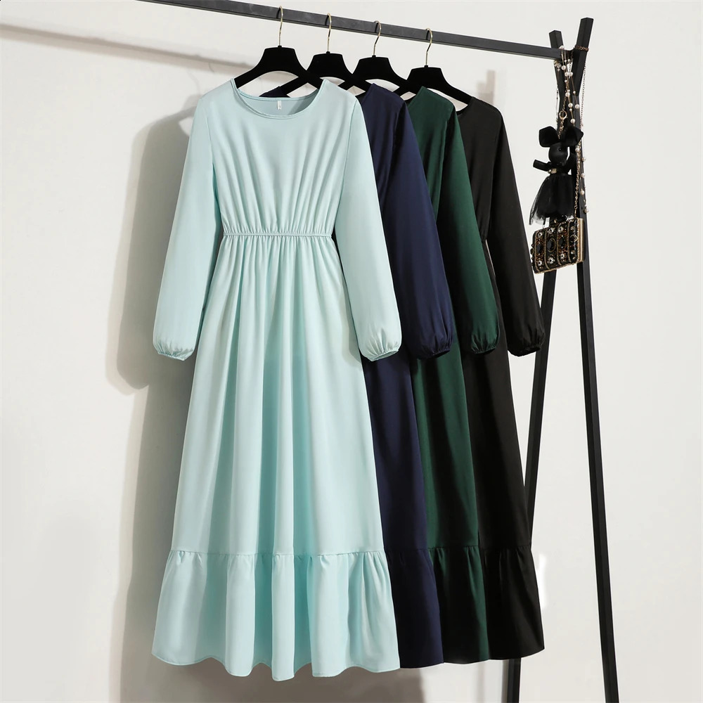 Women Long Dress Spring Autumn Mujer Vestidos Solid Full Sleeve O-neck Casual Chiffon Dresses Muslim Solid Loose Maxi Dresses 240722