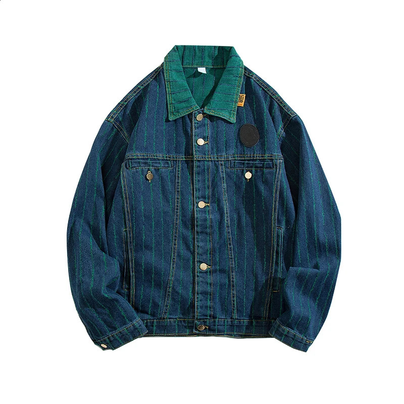 Mens Retro Striped Jacquard Denim Jacket Women Loose Long Sleeves Couple Single Breasted Turndown Collar Casual Cowboy Jackets 240722