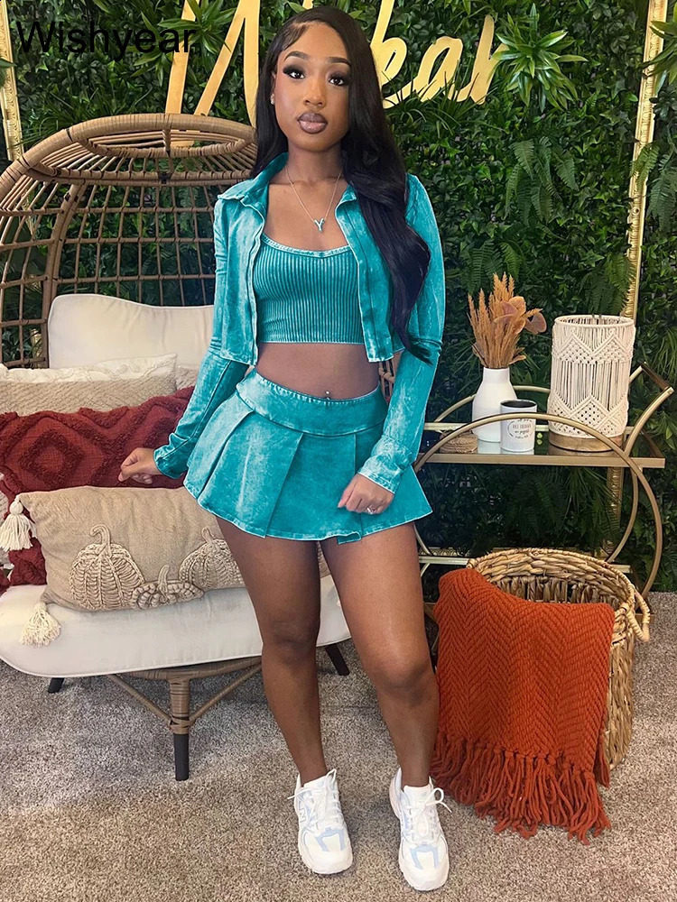 Retro womens tank top jacket outerwear and pleated mini skiing competition 3piece set sexy nightclub birthday street clothing 240723