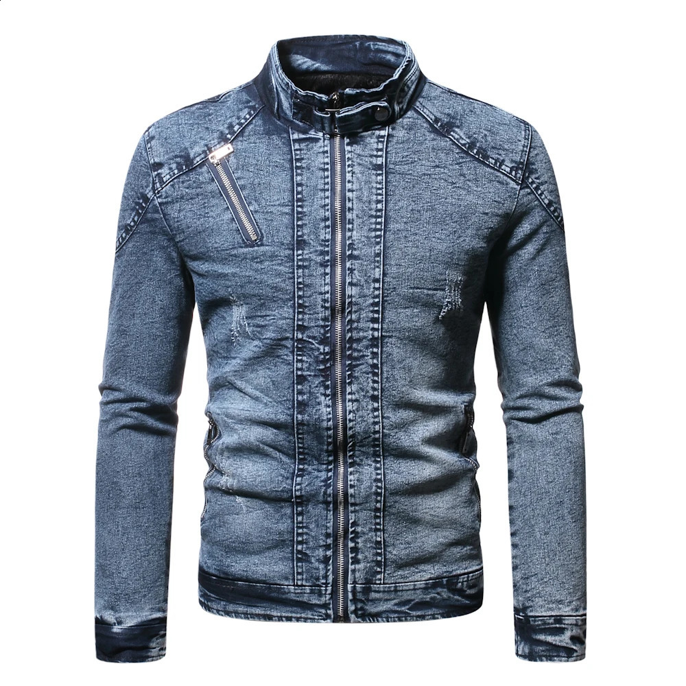 Fashion Spring Casual Jacket Mens Velvet Streetwear Denim Jacket Stand Collar Jean Jackets Male Slim Fit Coat Outerwear 240722