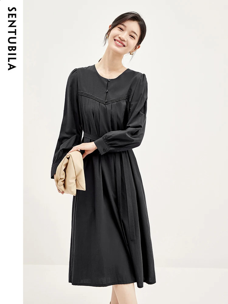 Sentubila Robe plissée à manches longues élégantes pour femmes Spring Automn O-Neck Midi Temperament Fashion Dame Robes W33L51773 240722