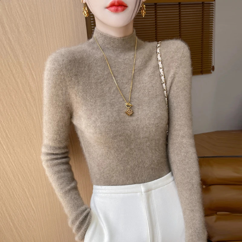 Womens pullover autumn/spring 100% wool sweater casual knitwear ladies Tops slim fit half turtleneck basic bottom Blouse 240722