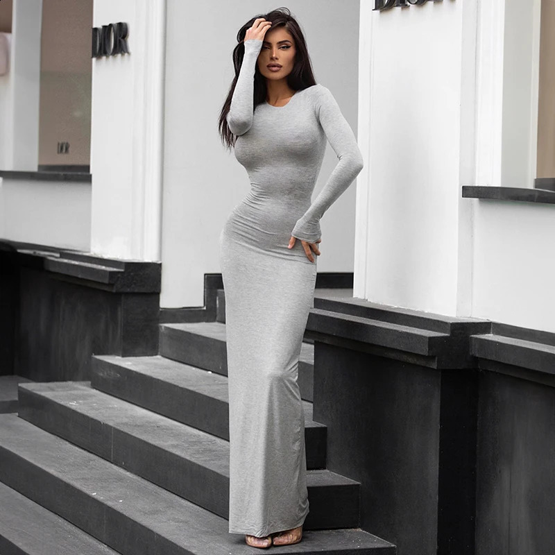 CUTENOVA Sexy Square Collar Knitted Cotton Maxi Long Mermaid Dress Women Full Sleeve Stretch Basic Bodycon Fishtail Robe Vestido 240722