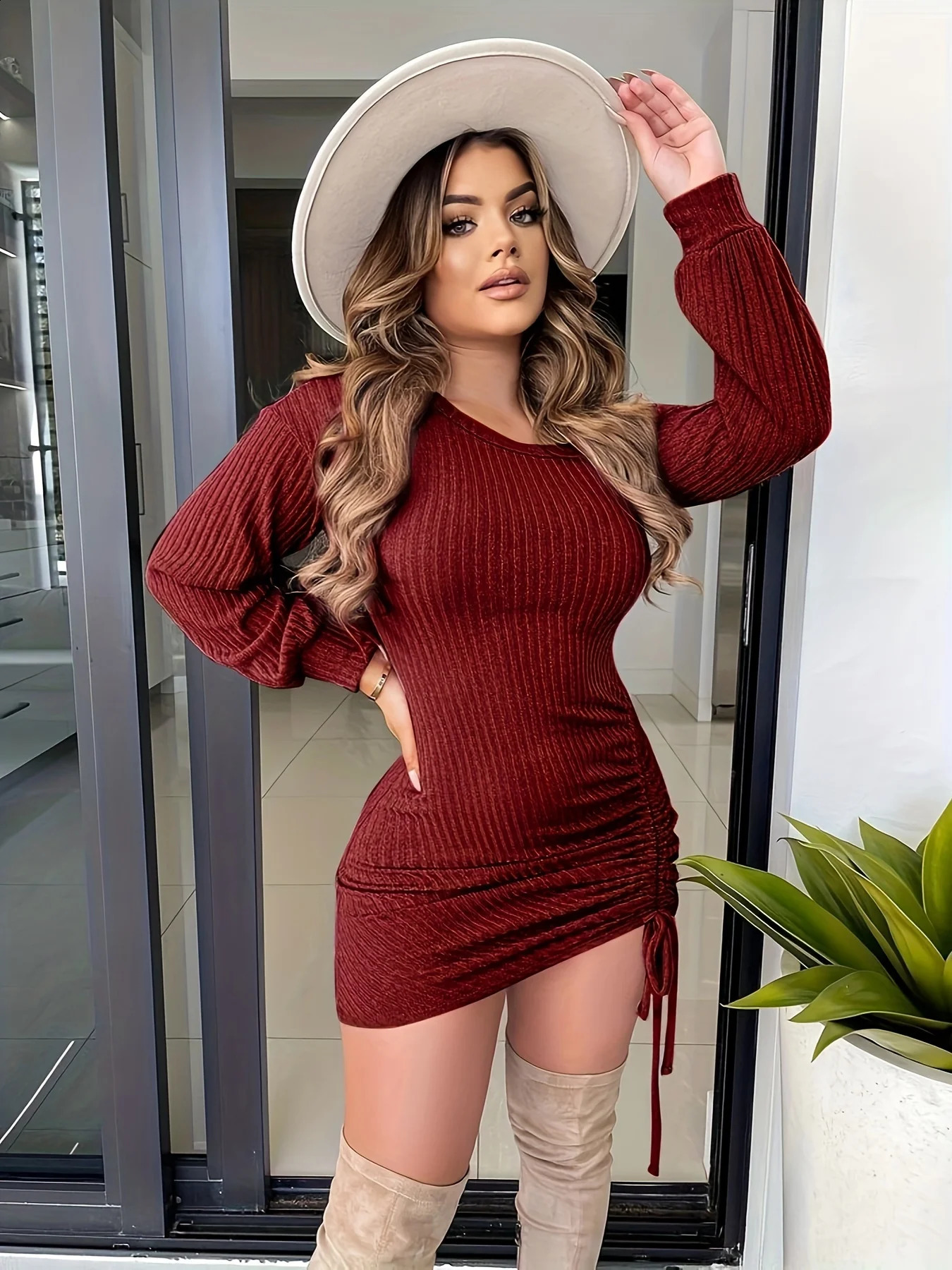 Robe à fourgon de poupe en laine de couleur solide pour femmes robe midi à manches longues 240722