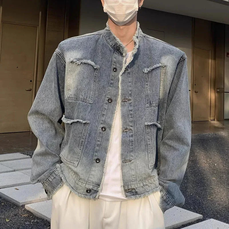 Denim Jacket Mens Raw Edge Washed Gradient Retro Loose Buttons Jackets Casual Single-breasted Stand Collar Cowboy Tops 240722