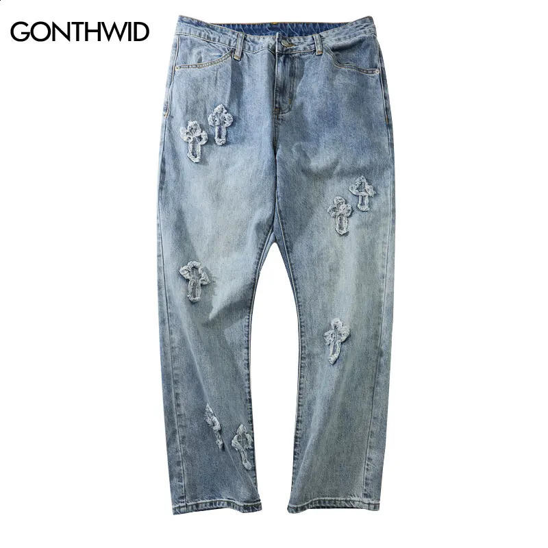 Hip Hop jeans Y2K streetwear mens retro embroidered patch straight pocket denim pants Harajuku casual loose Trousers High Street 240723