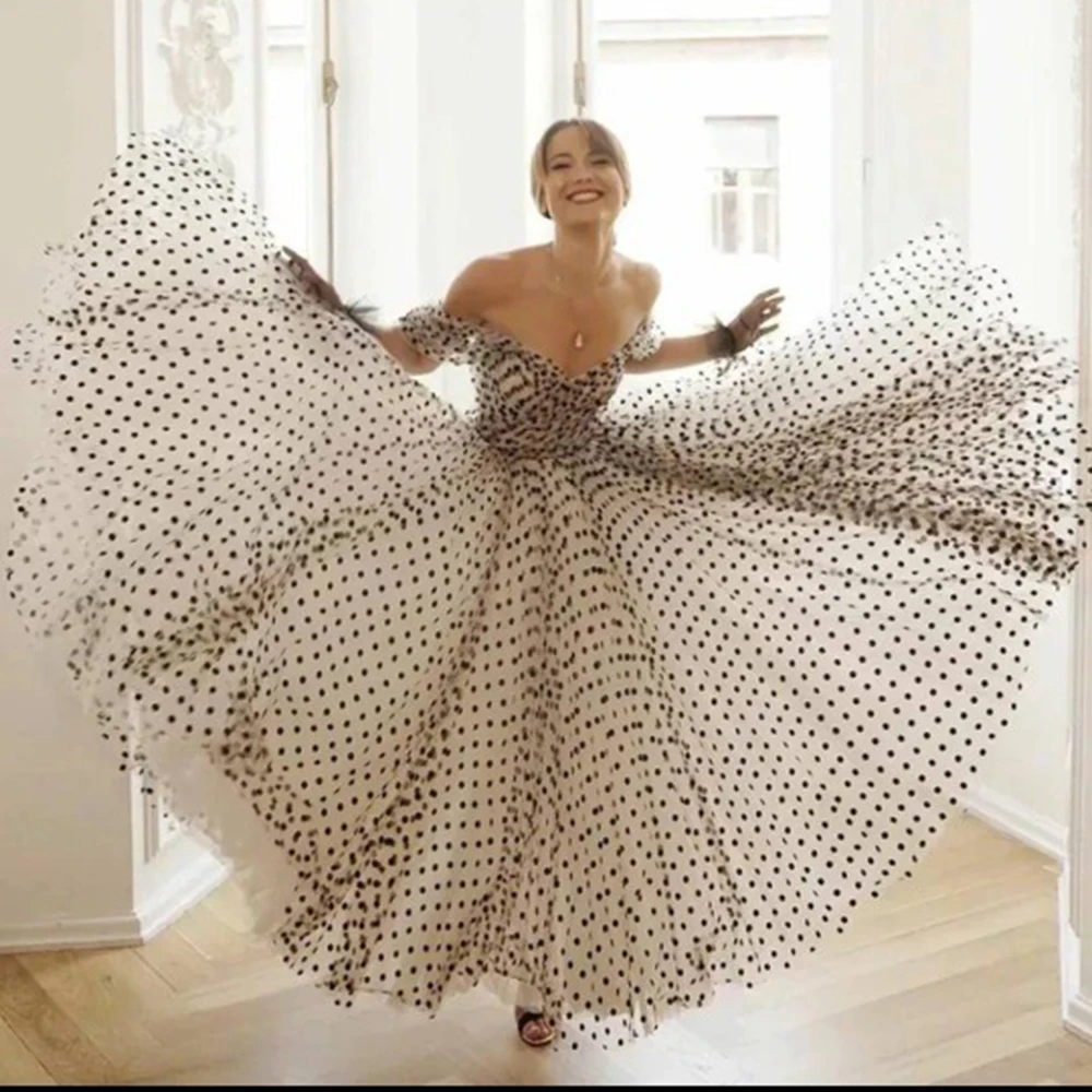 Vintage une ligne points noirs Tulle robes de bal longueur cheville robes de soirée formelles chérie hors de l'épaule femmes fête d'anniversaire