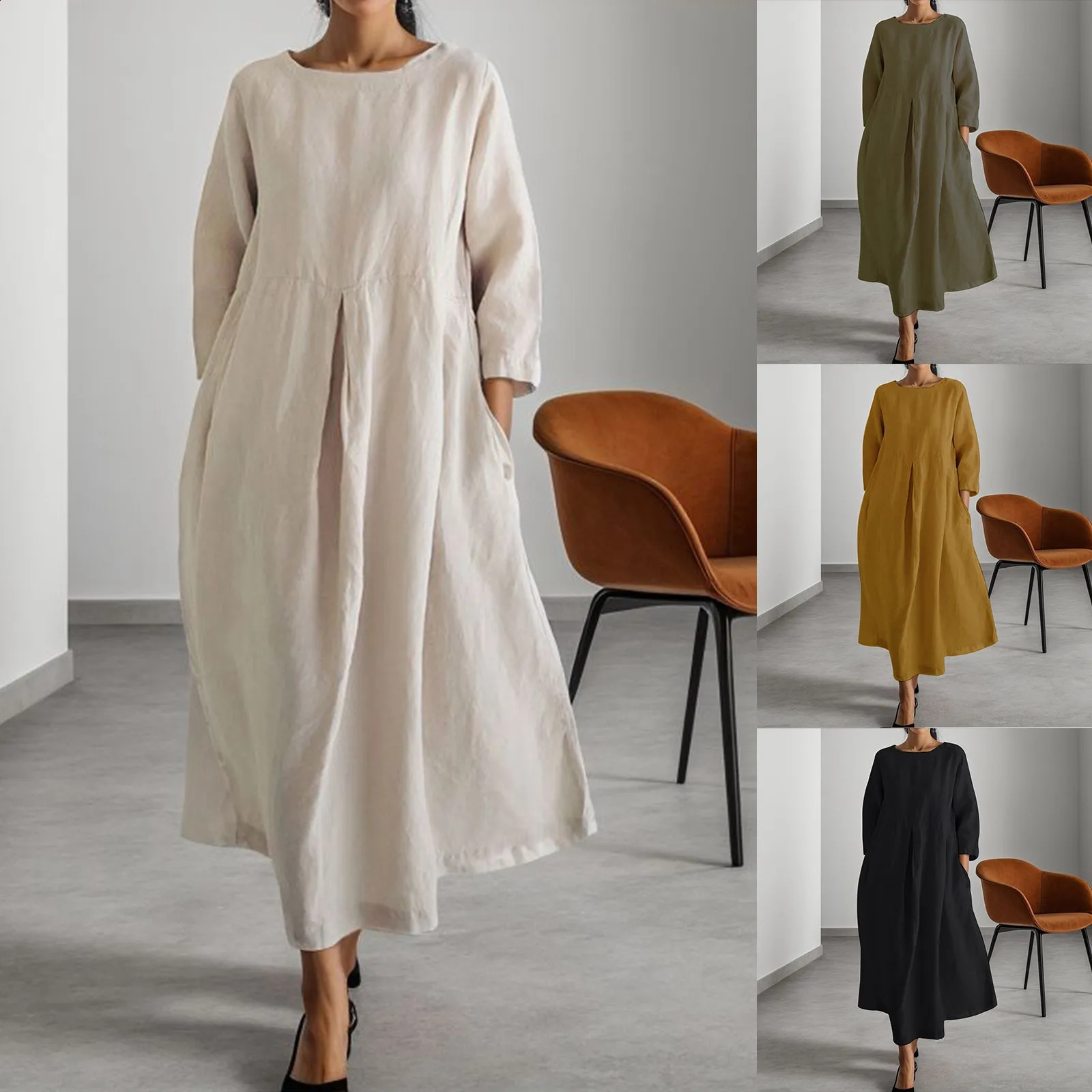 Vestido Vintage Cotton Linage Long Robes pour femmes Automne Solide Long Manche Boho Maxi Robe Pocket Loose Tunic Shirt Robe 240722