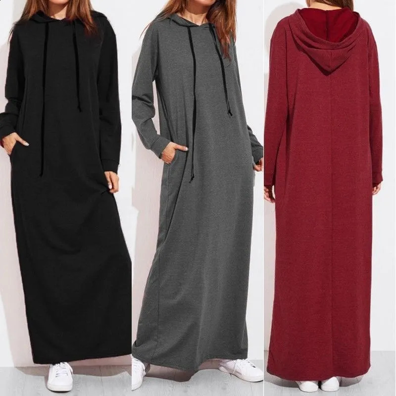 Autumn Womens Dress Fashion Simple Retro Hooded Dress Sweatshirt Winter Long Sleeve Pocket Solid Hooded Robe 240722