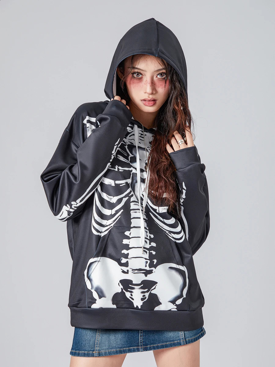 Scriaddv Mens Casual Hoodie Sports Shirt 3D Digital Printing Skeleton Pattern Long Sleeve Loose Zipper Street Clothing Top 240829