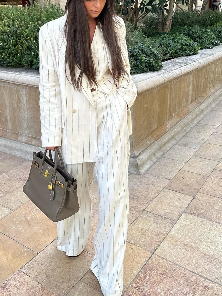 Retro autumn office womens suit striped Vneck double chest pocket jacket straight loose pants fashionable 2024 set 240723