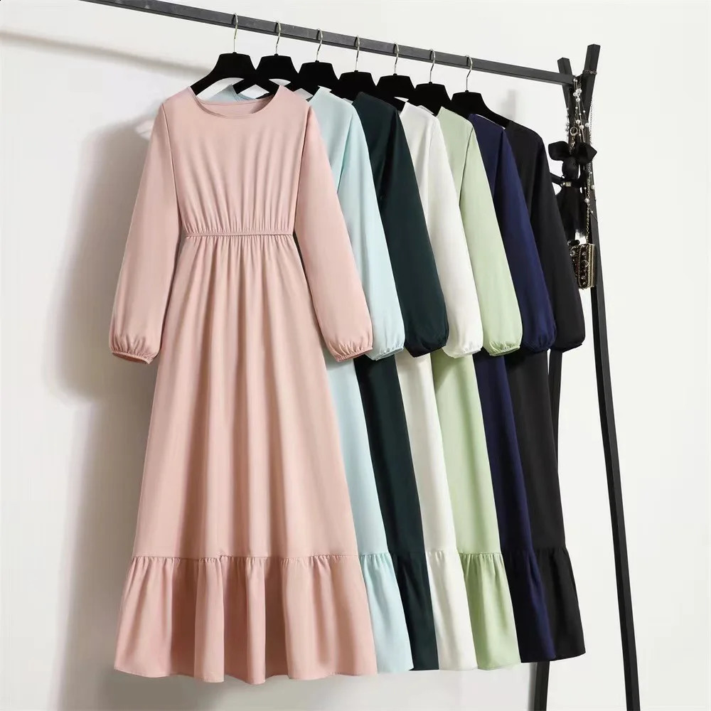 Women Long Dresses Spring Summer Full Sleeve O-neck Casual Solid Chiffon Dress Muslim Dress Bohemian Maxi Dresses Vestidos 240722