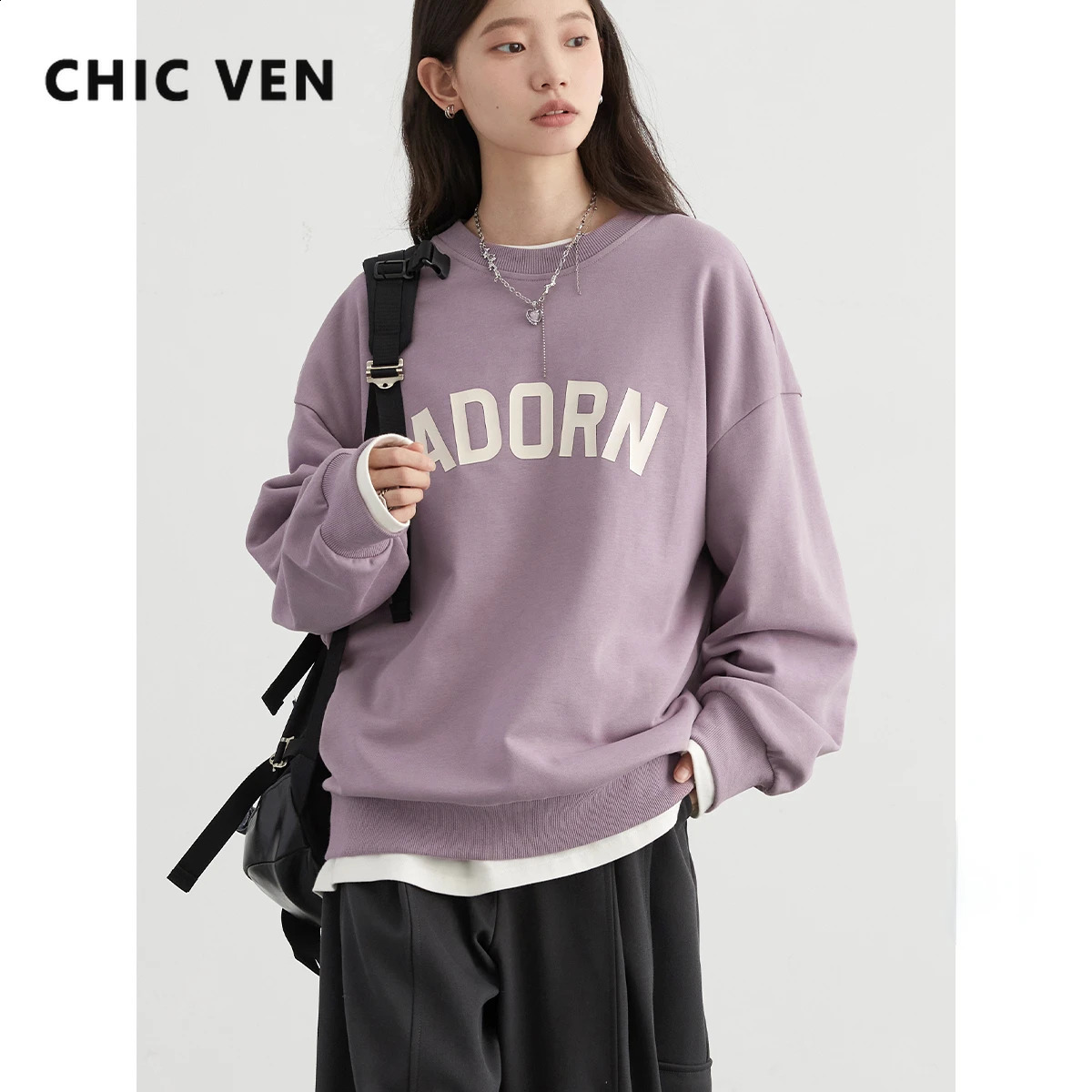 CHIC VEN Women Sweatshirts Loose Round Neck Letter Printed Long Sleeved Female Coat Casual Pullover Woman Top Autumn 240724