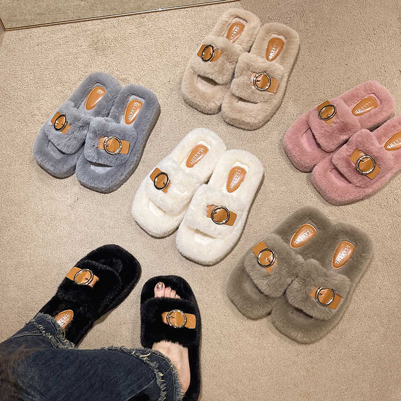 Pantoufles de mode pour femmes automne et hiver Nouvelle taille grande taille, pantoufles de fourrure de bouche en cuir épaississement de la mode