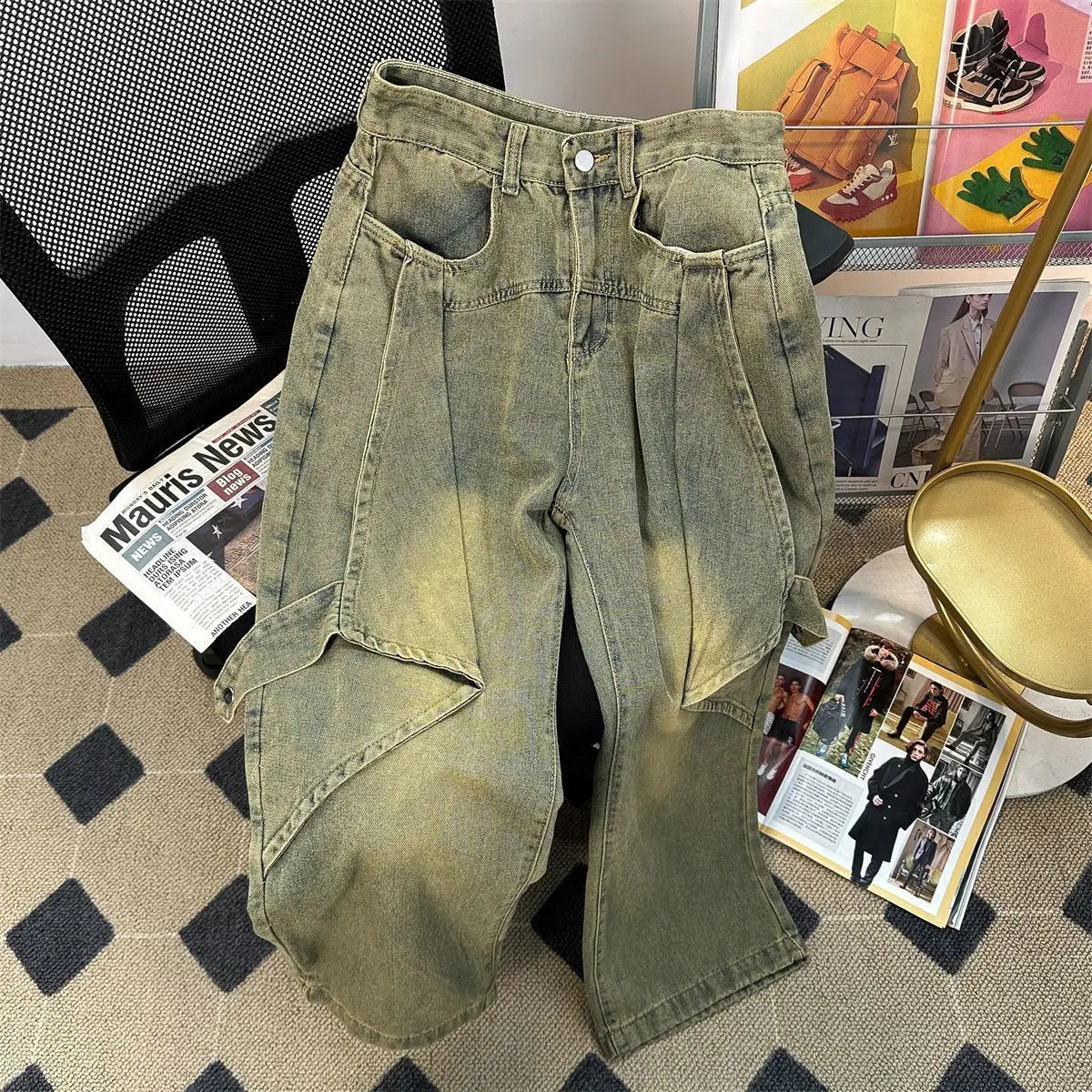 Spring Men and Women Street Trendy Street Personnalisme lavée Ligne droite Couple de la jambe large plane Pantalon décontracté rage 240724