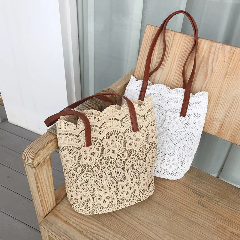 Bucket Shoulder Bag For Women Summer Korean Lace Elegant Women Tote Shopping Female Bags Lady Handbag Female Beach Bag 240724