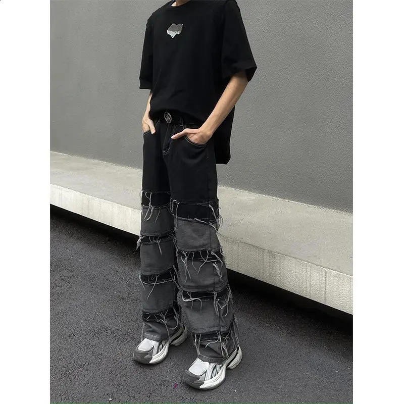 American retro Harajuku patch work cracked jeans men and women straight wide leg pocket gothic hiphop denim pants streetwear 240724