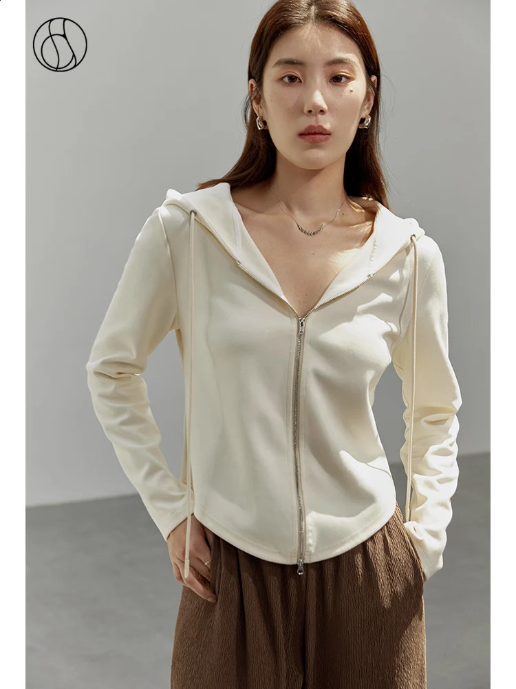 DUSHU Casual Style Double Zipper Hooded Sweater Women Autumn Slim Thin All-match Solid Color Female Hoodie Tops 240724