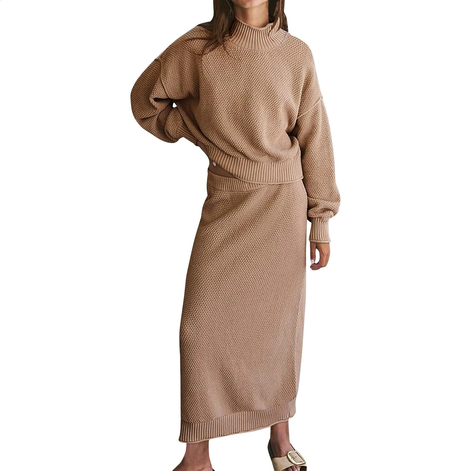 Fashion Knitted Skirt Two Piece Set Autumn Women Loose Turtleneck Sweater Pencil Skirt Set Elegant Solid Color Suit Winter 240724