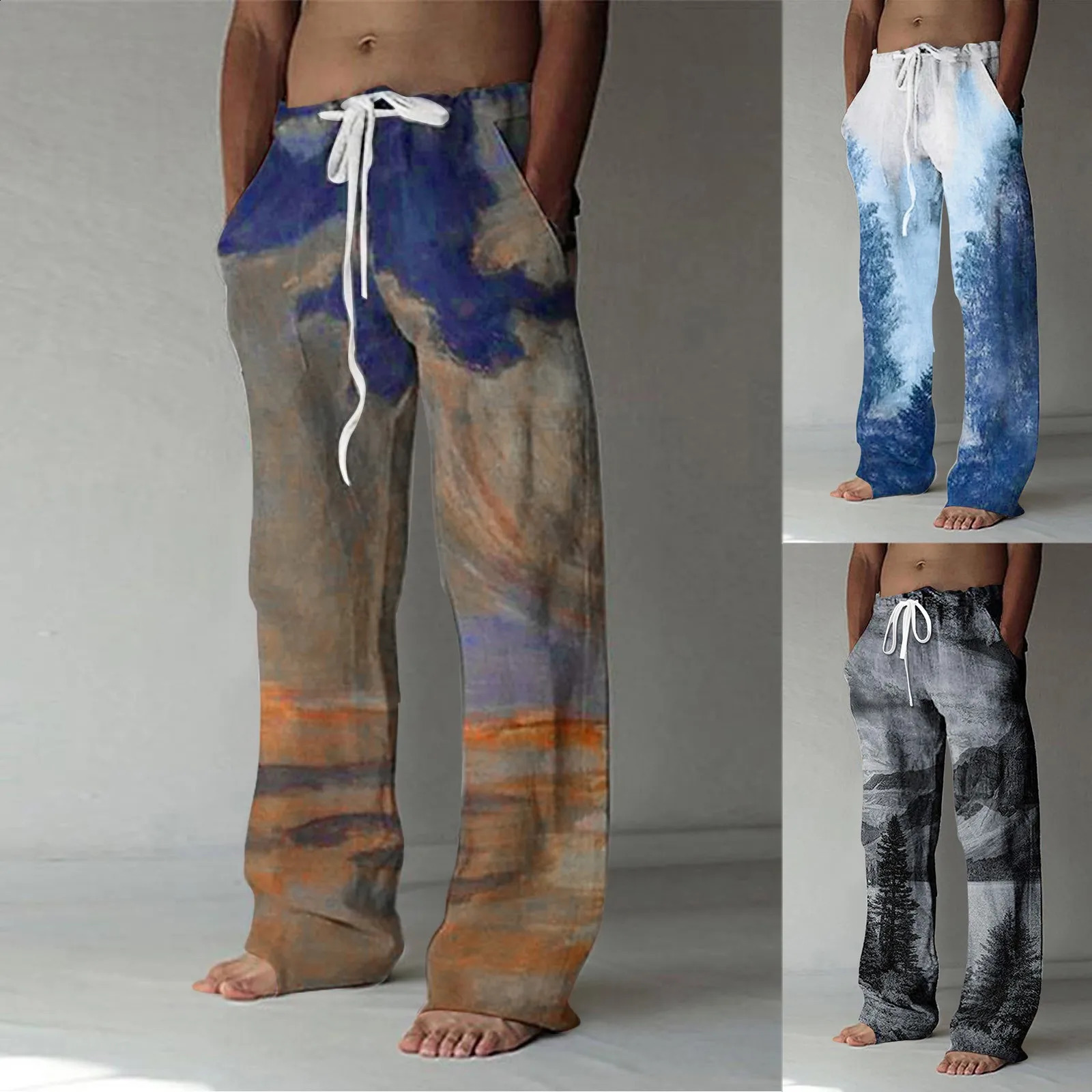 Summer fashion hard linen retro 3D printed patch work straight pants mens street clothing hiphop wide leg casual loose beach Trouser 240724