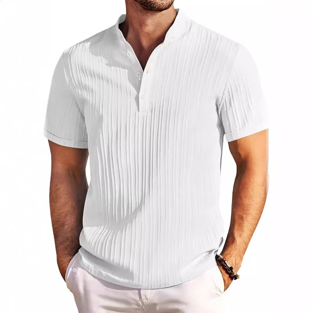 2024 mens retro cotton linen striped Henry shirt mens short sleeved casual shirt top240810