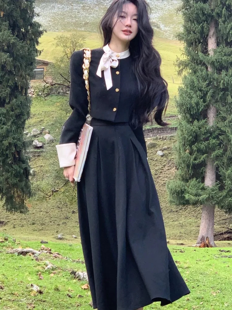 2026 Autumn 2 Piece outdoor Set Women Single Breasted Sleeve Cropped Jacket Pleated Long Skirt Solid High Waist Evening Party Outfits Plus Size Free