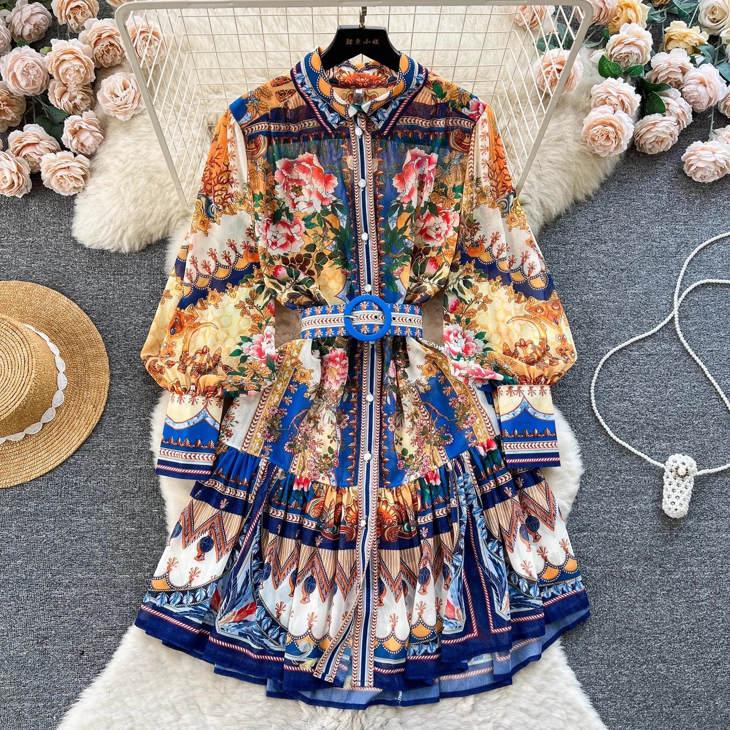 Summer Gorgeous Holiday Beach Mini Dress Womens Stand Long Lantern Sleeve Vintage Print Belt Lace Up Chiffon Loose Vestido 6259 250808