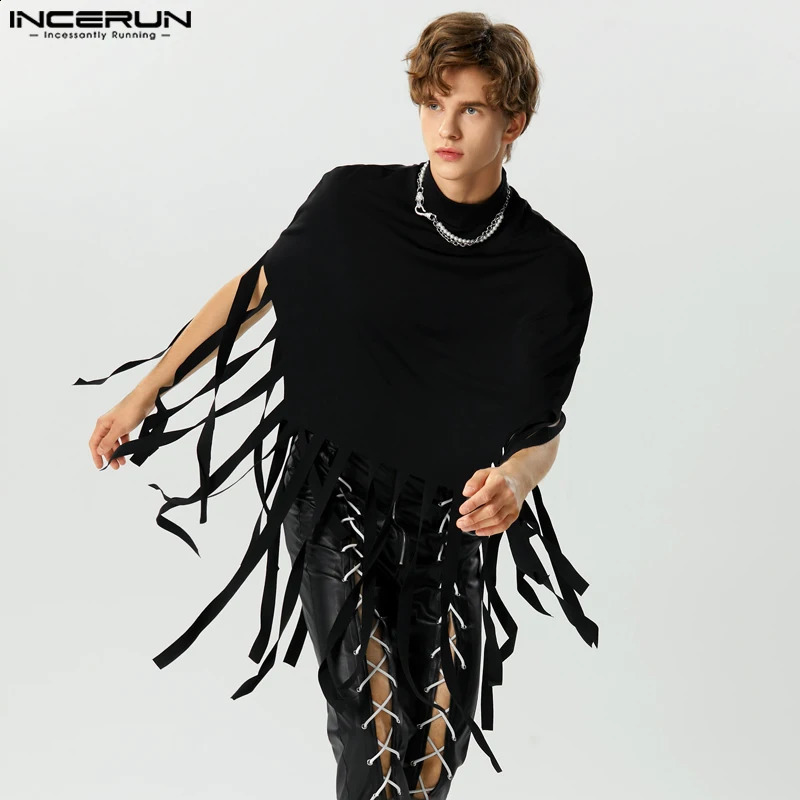 INCERUN Mens Irregular Hoodie Coat with tassel Solid Turtle Neck Casual Raincoat Street Loose 2023 Fashion Sweater S5XL 240724