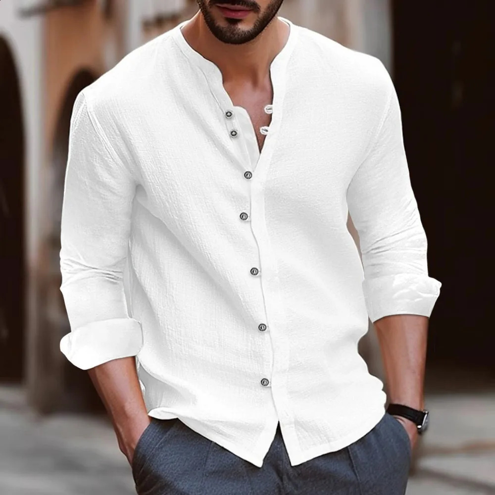 Retro Style Summer Mens Casual Cotton Linen Shirt Mock Neck Solid V-Neck Long Sleeve Loose Top Handsome Shirt US Size S-3XL 240724