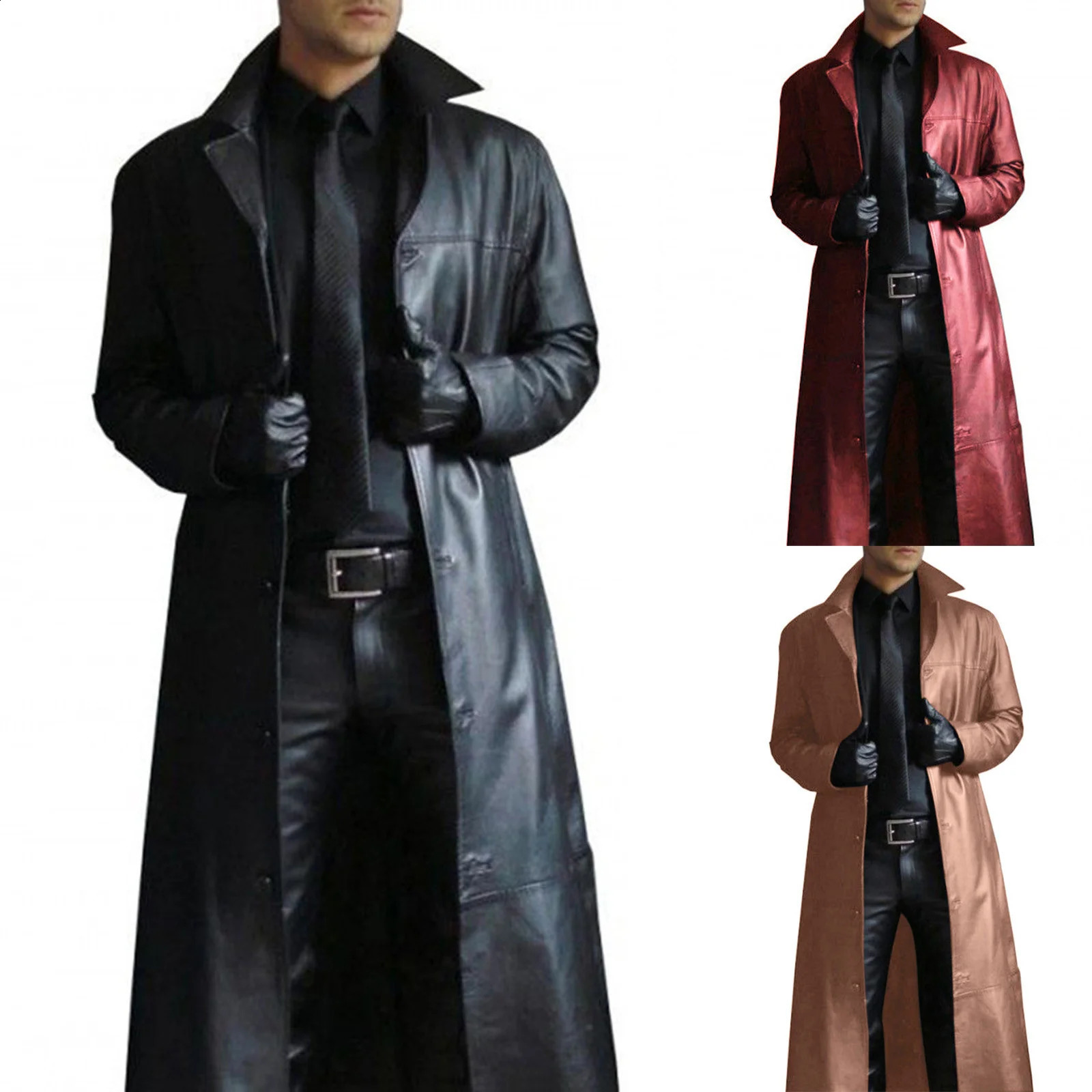 Trench Mens Leather Coat Vintage British Style Windbreaker Handsome Solid Color Slim-fit Overcoat Long Jacket Plussize Outwear 240715