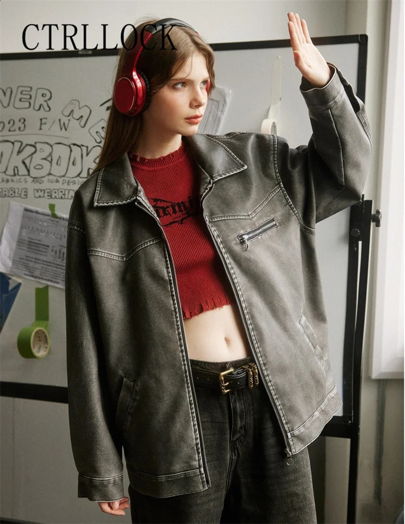 CTRLLOCK Chic Punk Style Retro PU Leather Motorcycle Jacket Women Turn-down Collar Zipper Jackets 240723