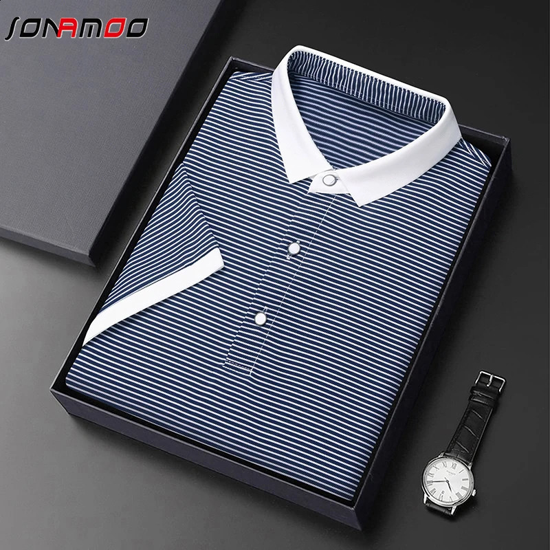 2024 mens striped cotton business casual short sleeved polo shirt fashionable comfortable and breathable top 240723