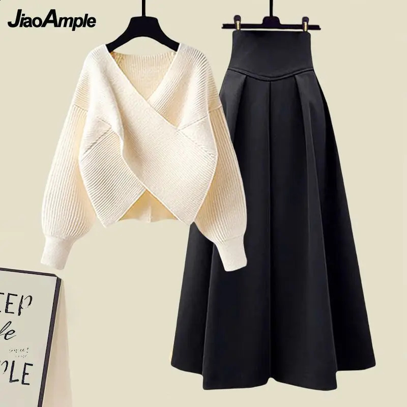 Womens Autumn Winter Fashion Cross Knit Sweater Midi Skirt Two Piece Suit Korean Elegant Loose Pullover Dress Matching Set 240724
