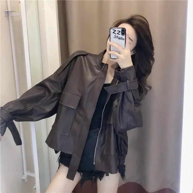 Oversize Short PU Small Leather Jacket Womens Korean Autumn Casual All-match Motorcycle Loose Jacket Trend Fashion Clothing 240723