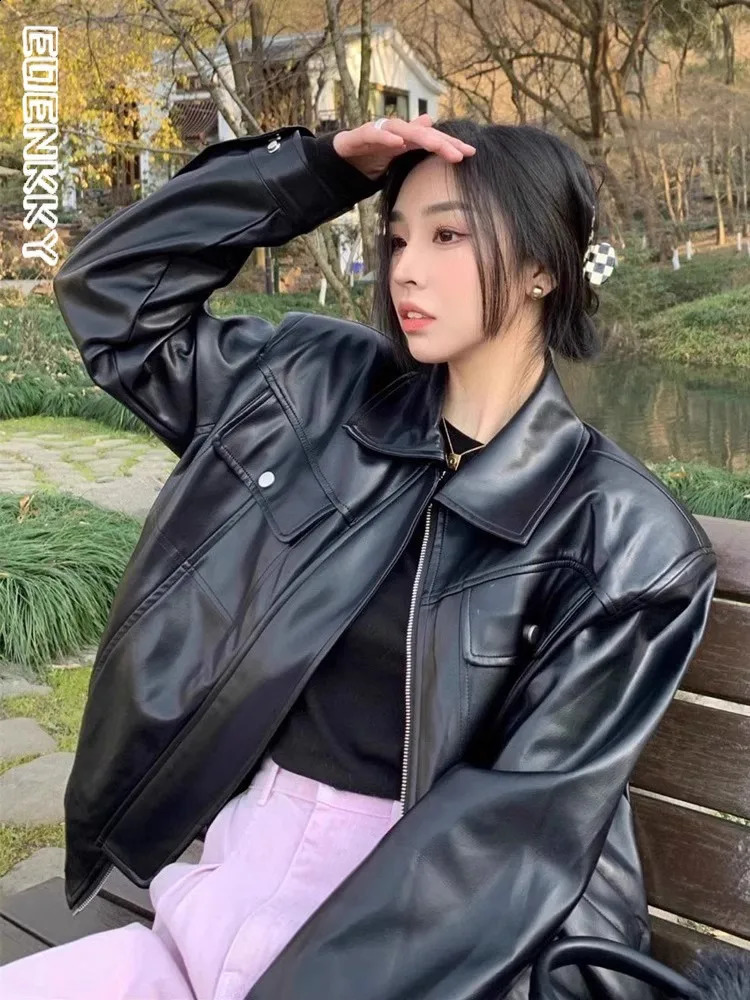 Retro Leather Jackets Women Bomber Korean Fashion Vintage PU Jacket Y2k Outerwear Motorcycle Street Cropped Coats Spring Autumn 240723