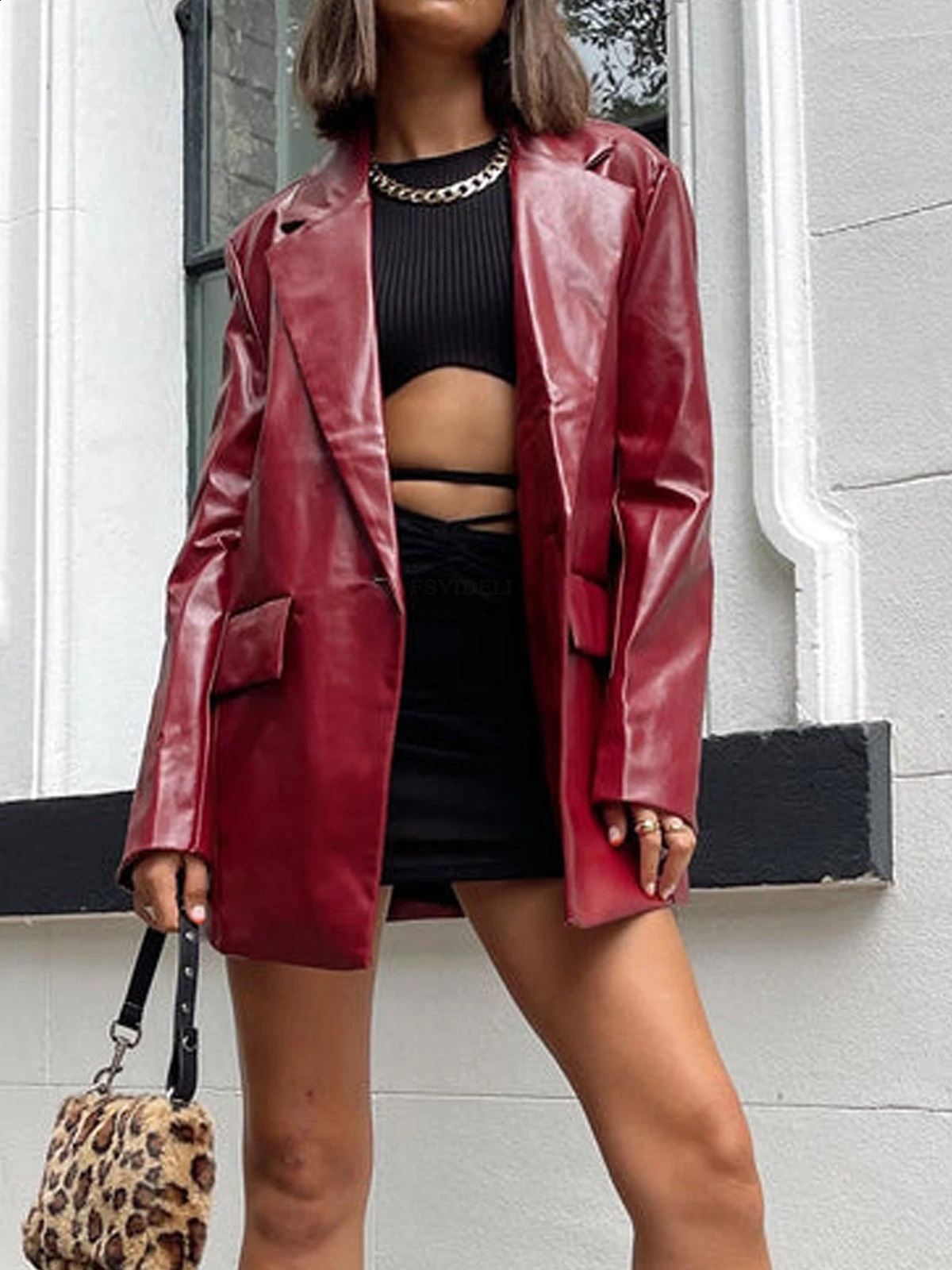 Leather Jacket Women Autumn Winter Solid Long Sleeve Single Button Blazer Coats Female Streetwear Casual Outerwears Red 240723
