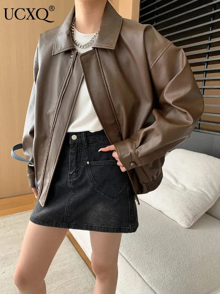 UCXQ Fashion Leather Jacket Vintage Zipper Long Sleeve Solid Color All Match Loose Casual Coat Women Spring Autumn 9813 240723