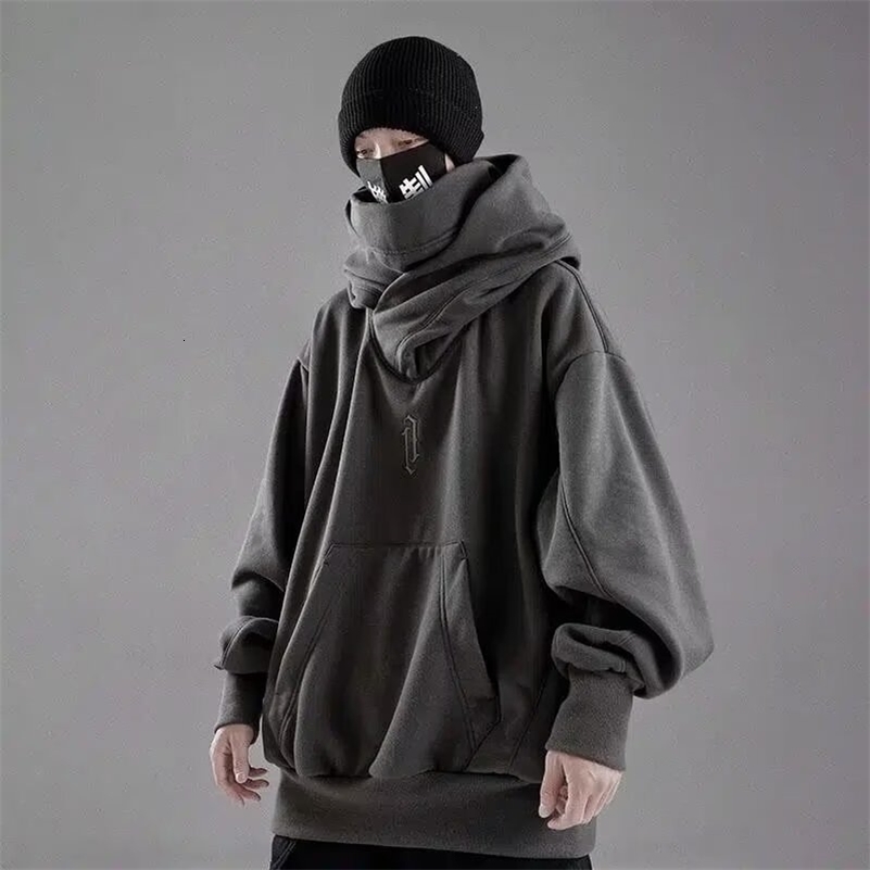 Embroidered turtle neck mens sweatshirt Japanese ninja hooded autumn hiphop wool pocket streetwear oversized Y2K 240724