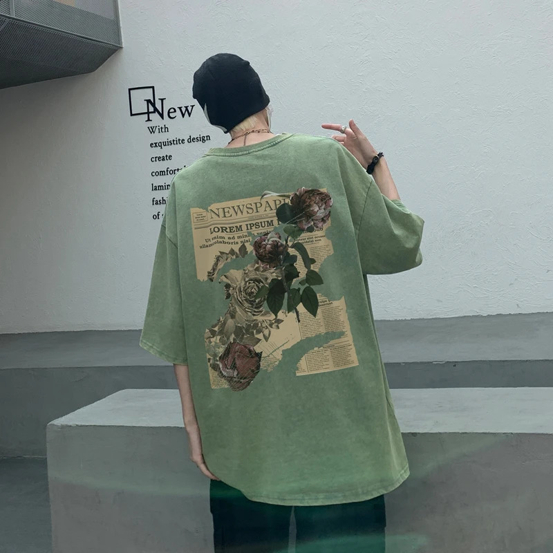 Trendy street style Rose flower poster printing washed distressed cotton short-sleeved oversize M-5XL high street loose T-shirt 240724