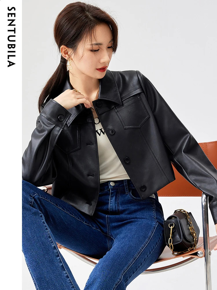 SENTUBILA Pu Leather Jacket Women Autumn Vintage Fashion Cropped Motorbike Jackets Single Breasted Black Cool Coat Top 131W46984 240723