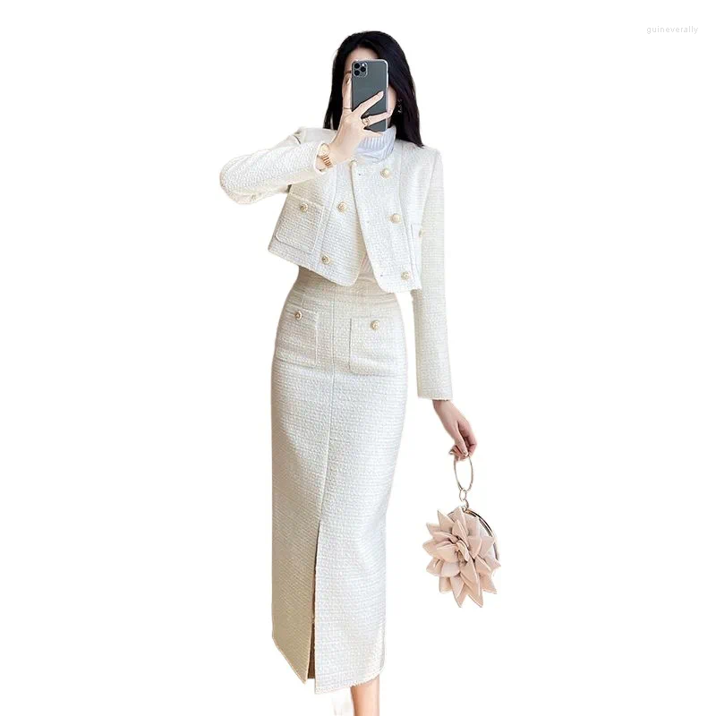 Robes de travail Robes pour femmes Tweed 2-PCS Ensemble à double veste courte à taille haute jupe divisée taille 2024 Petite tempérament de style