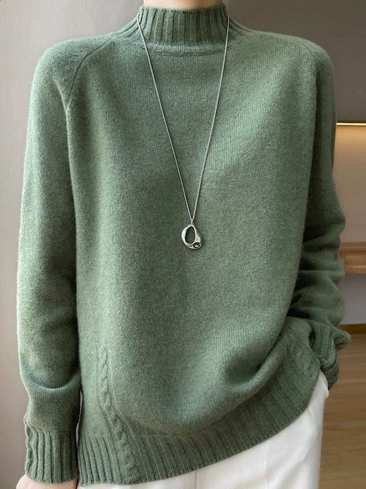Women's Wool Sweater Mock Neck Pullover Cashmere Raglan Sleeve Thick Loose Autumn Winter 100% Merino Wool Knitwear Warm Tops 240723