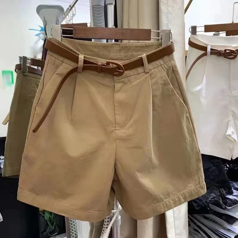 Korean Cotton Wide Leg Shorts Summer Fashion Loose Casual Shorts for Women with Belt Solid Color Rose Red Womens Short Pants 240723