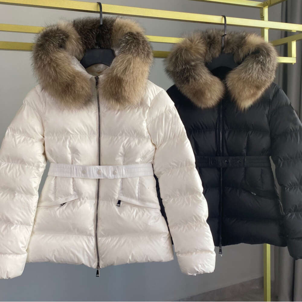 High Quality White Fashion Deisgner Jacket Fox Fur Hooded Short Style Women With Belt 2024 Winter Warm Down Coat Clothes FZ2407101