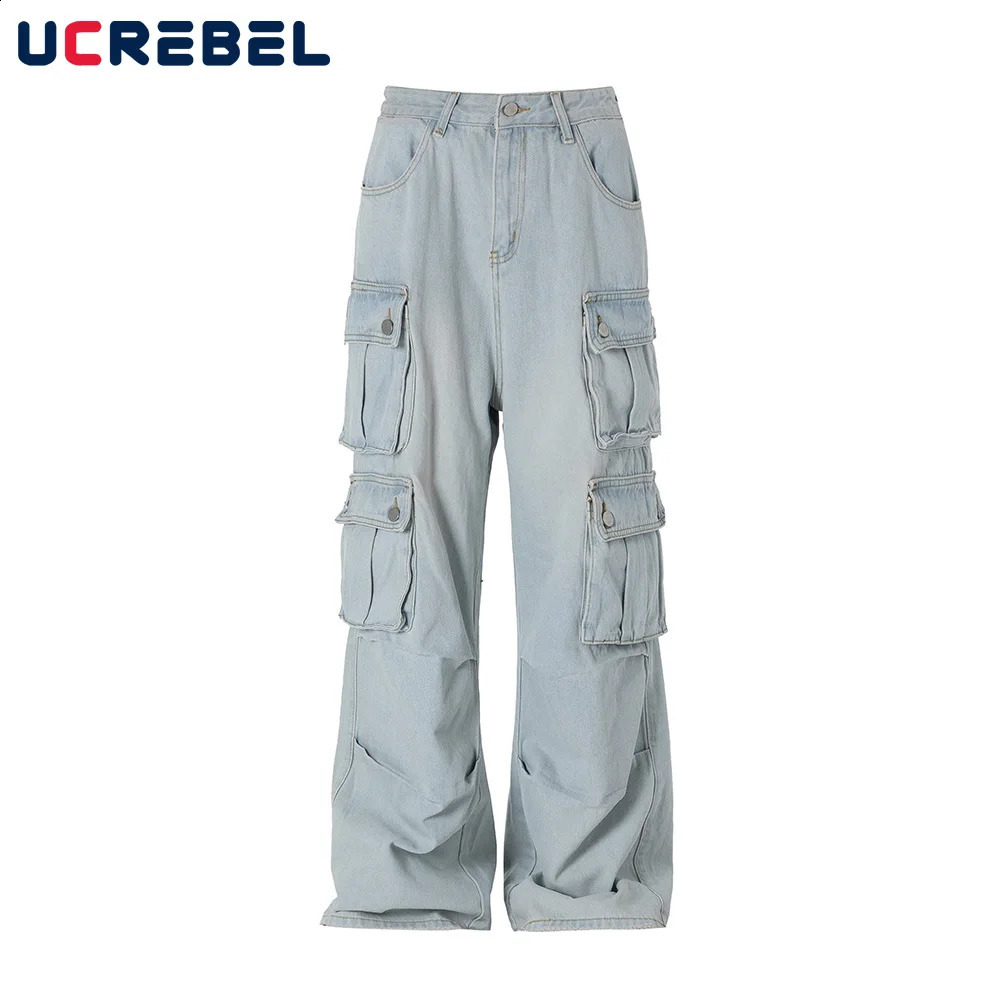 Jeans de cargaison multi-poches pour hommes High Street Loose Straited Denim Lignet Pantalon Denim Men 240724